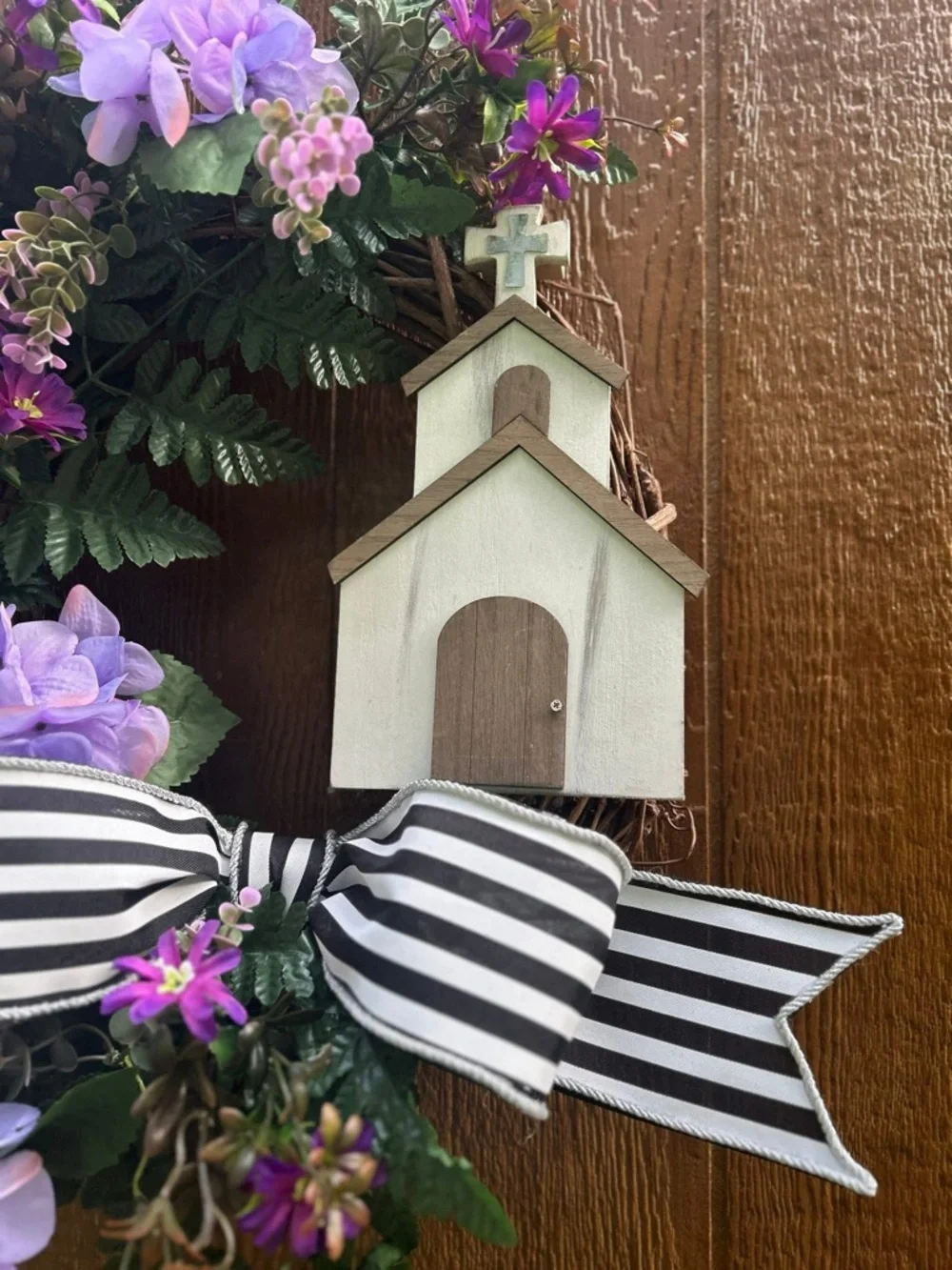 Handmade Lavender Floral Wreath with Striped Bow and Chapel Accent